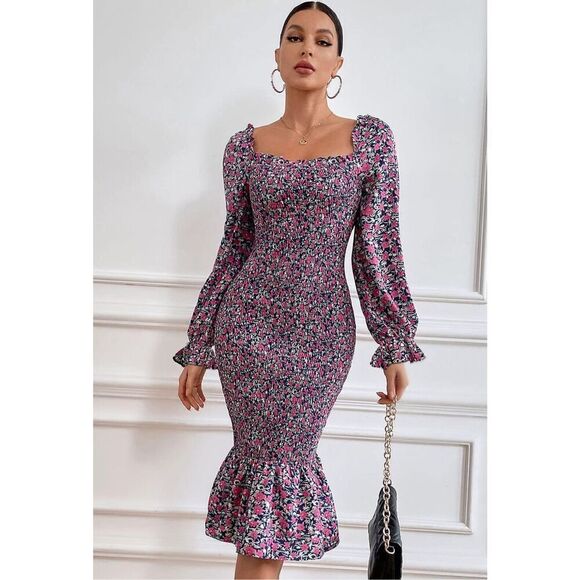 NEW PRETTYGARDEN Square Neck Ruffle Mermaid Smocked Dress M - Picture 2 of 6